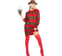 Women's Horror Freddy Krueger Halloween Party Costume Red Green Stripe Knitted Jumper Dress Top Ladies Knitted Long Sleeve Winter Sweater Top (UK, Numeric, 20, 22, Regular, Regular, Red/Green Stripe)