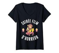 Women's Horror Movie Night Popcorn Cinoche Scared Monkey Sinister V-Neck T-Shirt