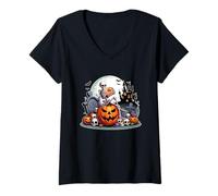 Womens Horror Skeleton Eating Donut On Carved Pumpkins Halloween V-Neck T-Shirt