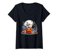 Womens Horror Skeleton Eating Sandwich On Carved Pumpkins Halloween V-Neck T-Shirt