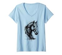 Women's Horse Head Scribble Sketch Black White Art Elegant V-Neck T-Shirt