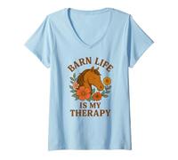 Womens Horse Lover Riding Equestrian Floral Barn Life is My Therapy V-Neck T-Shirt