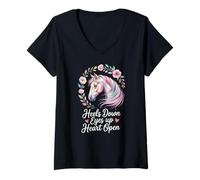 Womens Horse Lover Riding Floral Watercolor Art Heels Down Eyes Up V-Neck T-Shirt