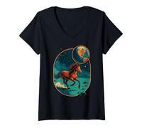 Womens Horse on Moon, Cosmic Art, Love Horses V-Neck T-Shirt
