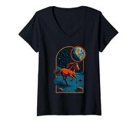 Womens Horse on Moon, Cosmic Art, Love Horses V-Neck T-Shirt