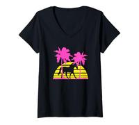 Womens Horse Riding Lines Rider Sun Palm Trees Silhouette Vacation V-Neck T-Shirt