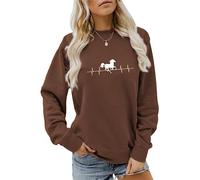 Womens Horse Sweatshirt Horse Heartbeat Graphic Shirts Long Sleeve Crew Neck Pullover Tops Horse Lo, Coffee, XL