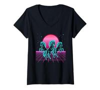 Women's Horse Trio Retrowave Synthwave 80s Neon Gallop V-Neck T-Shirt