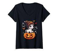Womens Horse Wearing Knitted Hat Halloween Carved Pumpkins Farmer V-Neck T-Shirt