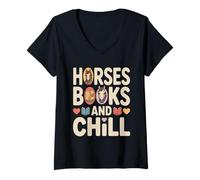 Women's Horses Books and Chill Equestrian Reading Lover V-Neck T-Shirt