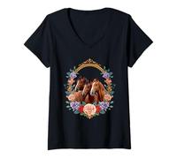 Womens Horses Floral Frame Pastel Roses Bouquet V-Neck T-Shirt