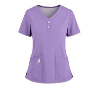 Womens Hospital Uniform Nurse Tunics for Women UK Medical Clothing Professional Lightweight Solid Color V Neck Short Sleeve Scrubs Shirt with Pockets Work Tops (Light Purple, XL)
