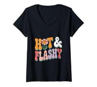 Womens Hot and Flashy Retro Flower Menopause Humor V-Neck T-Shirt