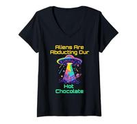 Womens Hot Chocolate Lover Pun With Alien UFO Abduction VIbes Meme V-Neck T-Shirt