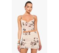 Womens Hot Fix Printed Mesh Lined Flippy A-Line Mini Skirt - Beige - 6, Beige