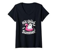 Womens Hot Ghoul Summer Flamingo Ghost Summerween V-Neck T-Shirt