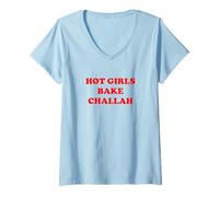 Womens Hot Girls Bake Challah Baking Jewish Shabbat Candles Shalom V-Neck T-Shirt