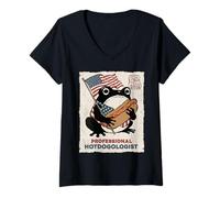 Women's Hotdogologist Grumpy Frog Hot Dog 4th of July Japanese V-Neck T-Shirt