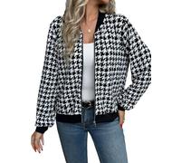 Women's Houndstooth Bomber Jacket Lightweight Plaid Zip Up Coat, Long Sleeve Casual Tweed Outerwear for Fall(S)