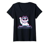 Womens House Music Lucky Cat DJ - Techno Rave EDM Music Party V-Neck T-Shirt