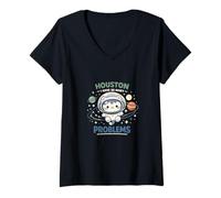 Women's Houston I Have So Many Problems Cute Astronaut Cat Space V-Neck T-Shirt