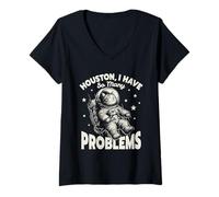 Womens Houston I Have So Many Problems Funny Astronaut Cat in Space V-Neck T-Shirt