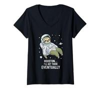 Womens Houston I'll Get There Eventually Sloth Astronaut V-Neck T-Shirt