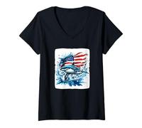 Womens How cool is this Flag surfing Shark Costume with USA Flag V-Neck T-Shirt