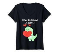 Womens How To Draw A Dino Cute Cartoon Dinosaur Holding a Heart V-Neck T-Shirt
