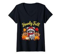 Womens Howdy Fall Raccoon Autumn Vibes Cute Thanksgiving Raccoon V-Neck T-Shirt