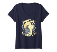 Womens Howlin All Night Long Wolf Lover Night Animal Tee V-Neck T-Shirt