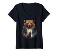 Women's Howling At The Moon Bear, Grizzly Lover V-Neck T-Shirt