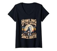 Women's Howling at the Moon Since Birth Wolf Wolves Pack V-Neck T-Shirt