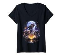 Women's Howling At The Moon Three Australian Shepherd V-Neck T-Shirt