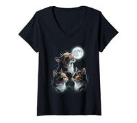 Women's Howling At The Moon Three Calico Cats V-Neck T-Shirt