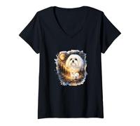 Women's Howling Maltese Under The Moon Vintage 90s Art V-Neck T-Shirt