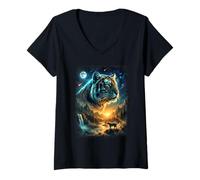 Women's Howling Tiger in The Full Moon Moonlight with Starry Sky V-Neck T-Shirt