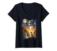 Women's Howling to The Moon Meme Animal Dog Australian Shepherd V-Neck T-Shirt