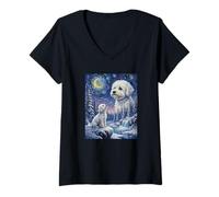 Women's Howling to The Moon Meme Animal Dog Bichon Frise V-Neck T-Shirt