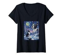 Women's Howling to The Moon Meme Animal Dog Boston Terrier V-Neck T-Shirt