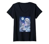 Women's Howling to The Moon Meme Animal Dog Maltese V-Neck T-Shirt