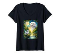 Women's Howling to The Moon Meme Animal Dog Maltese V-Neck T-Shirt