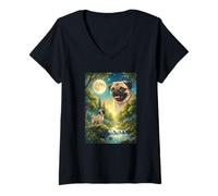 Women's Howling to The Moon Meme Animal Dog Pug V-Neck T-Shirt