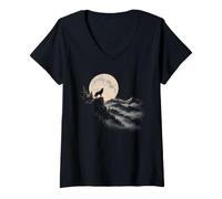 Women's Howling Wolf Full Moon Forest Mountain Wildlife Nature Art V-Neck T-Shirt