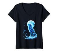 Womens Howling Wolf in Moonlight Night Sky V-Neck T-Shirt
