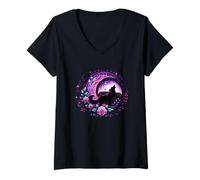 Womens Howling Wolf Moon Celestial Floral Enchantment V-Neck T-Shirt