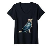 Women's Howling Wolf Moonlight Mountains Forest Night V-Neck T-Shirt