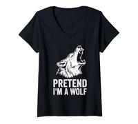 Women's Howling Wolf Pretend I'm a Wolf Funny Animal Design V-Neck T-Shirt