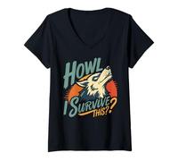 Women's Howling Wolf Questioning Endurance Retro Art V-Neck T-Shirt