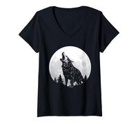 Women's Howling Wolf Silhouette Full Moon Forest Art V-Neck T-Shirt